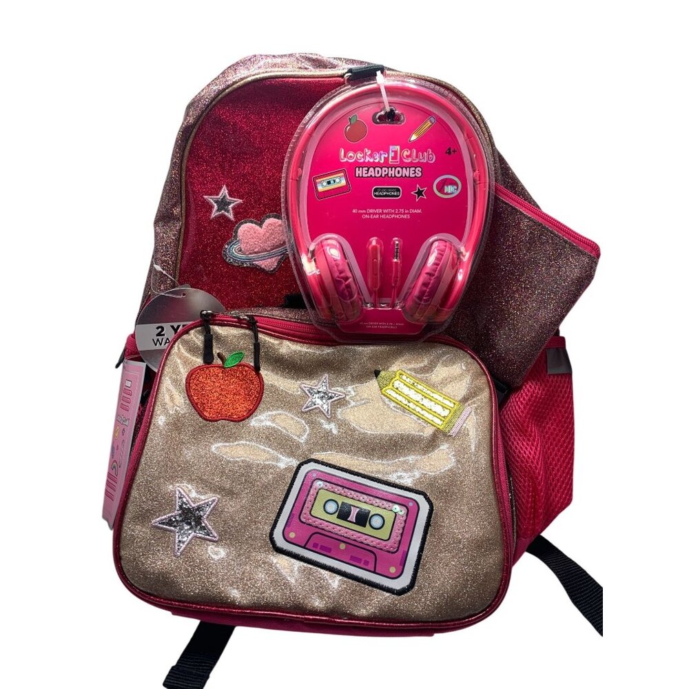 Locker Club Kids Glitter Backpack With Headphones Set Pink/Gold Sparkle School B